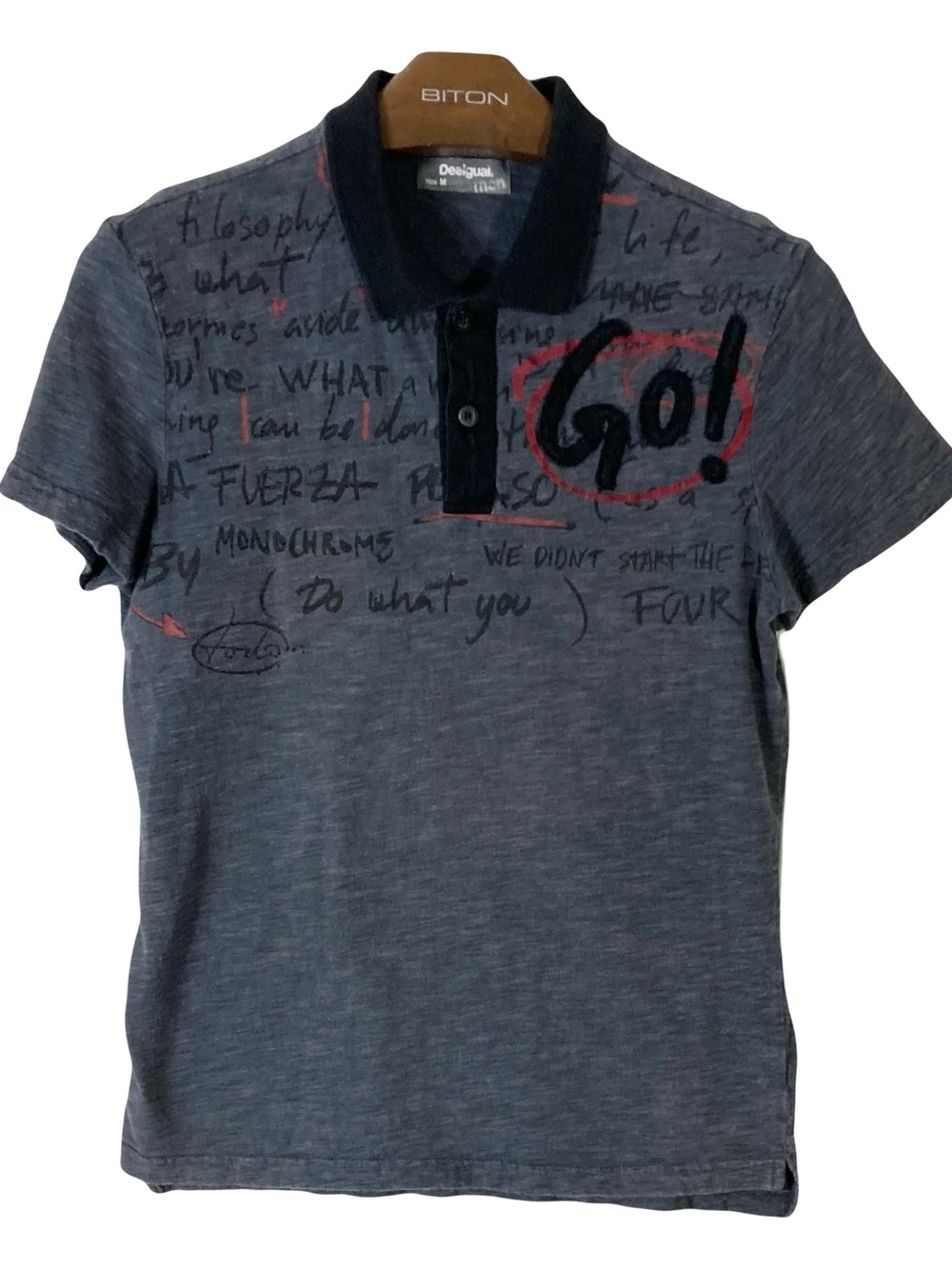 DESIGUAL Polo Men M Grey Logo Graphic Black-Trim Short-Sleeve